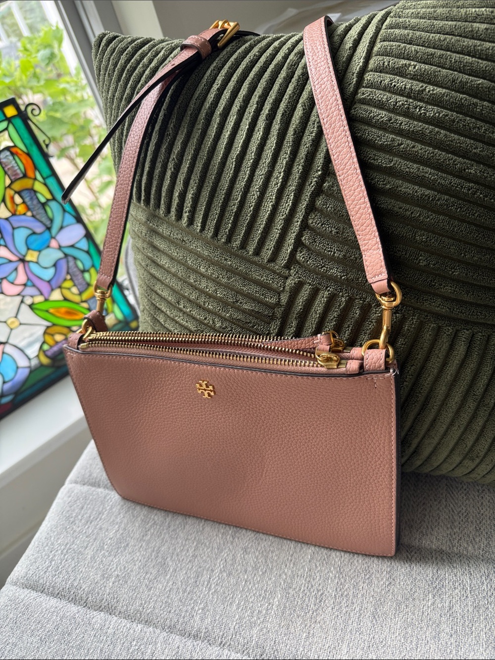 Tory Burch Blush Pink Pebbled Leather Double-Zip Crossbody